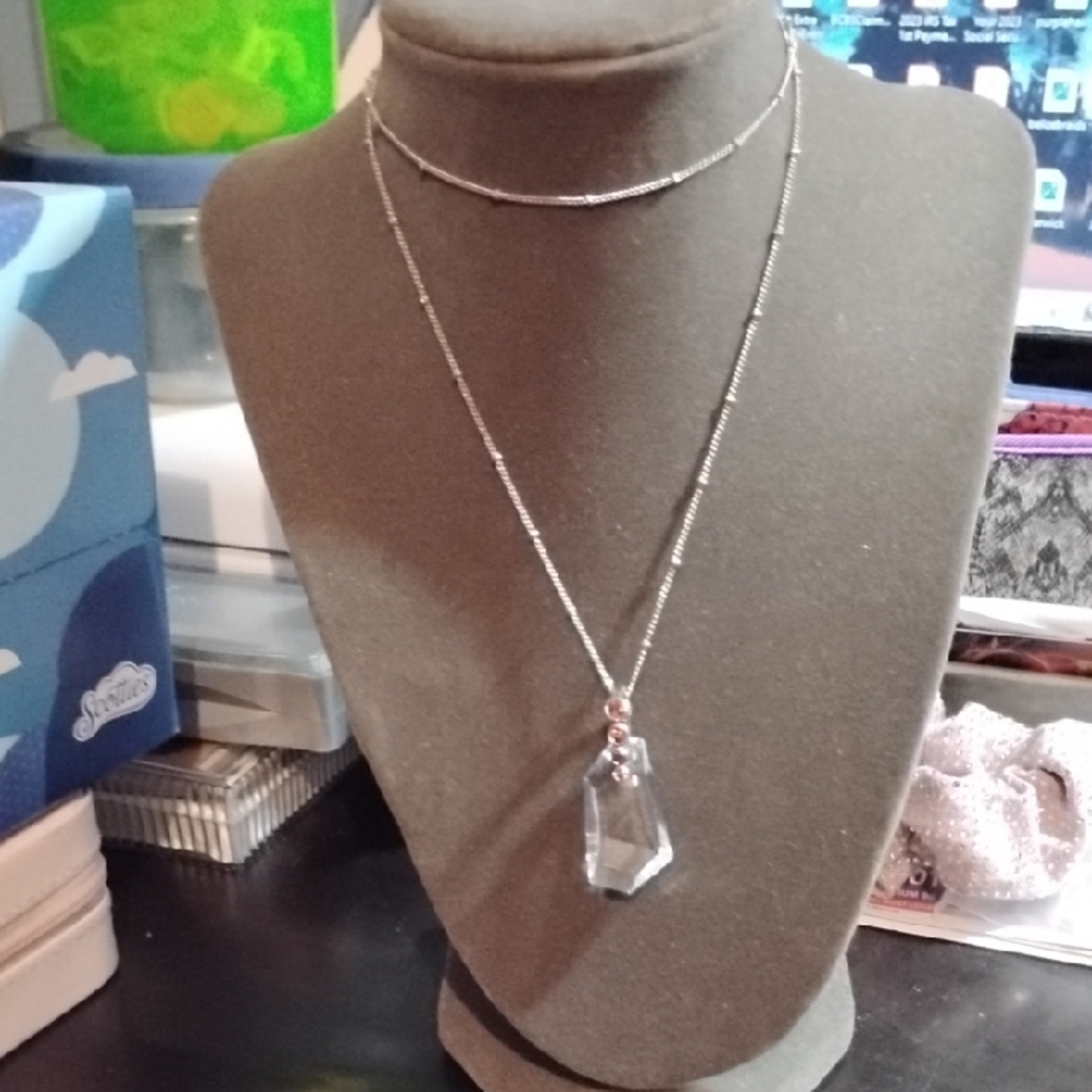 30" Long Silver Small Beaded Chain, Crystal Pendant with Red Simulated Gemstones